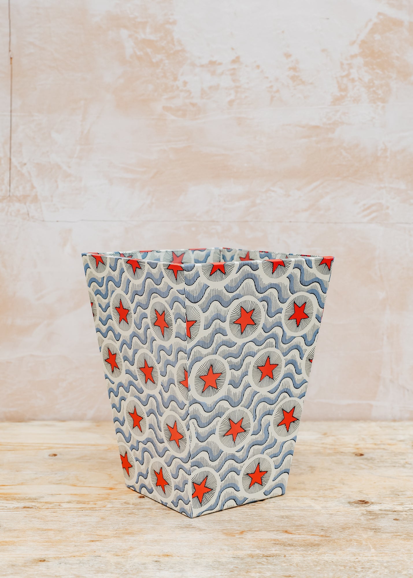 Wooden Spoon Waste Paper Bin in Deep Red Star