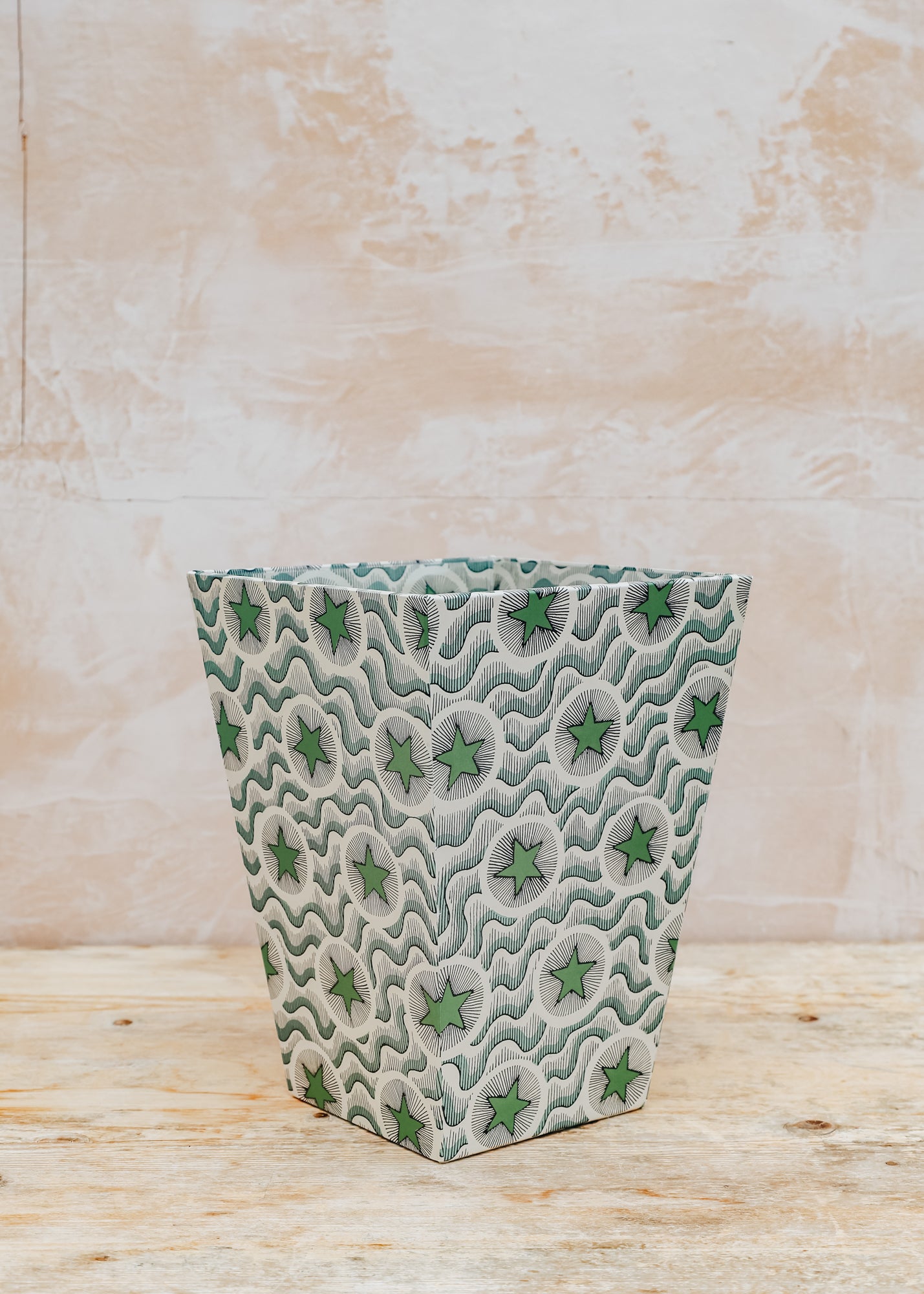 Wooden Spoon Waste Paper Bin in Green Star