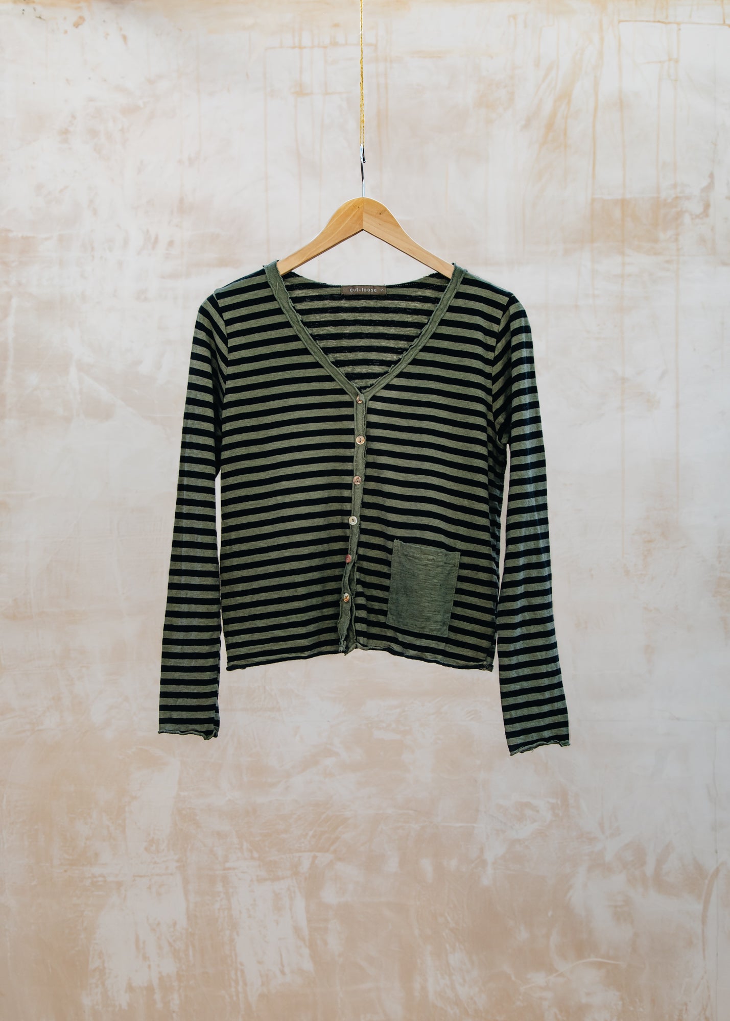 Cropped Pocket Cardigan in Black Stripe and Kelp