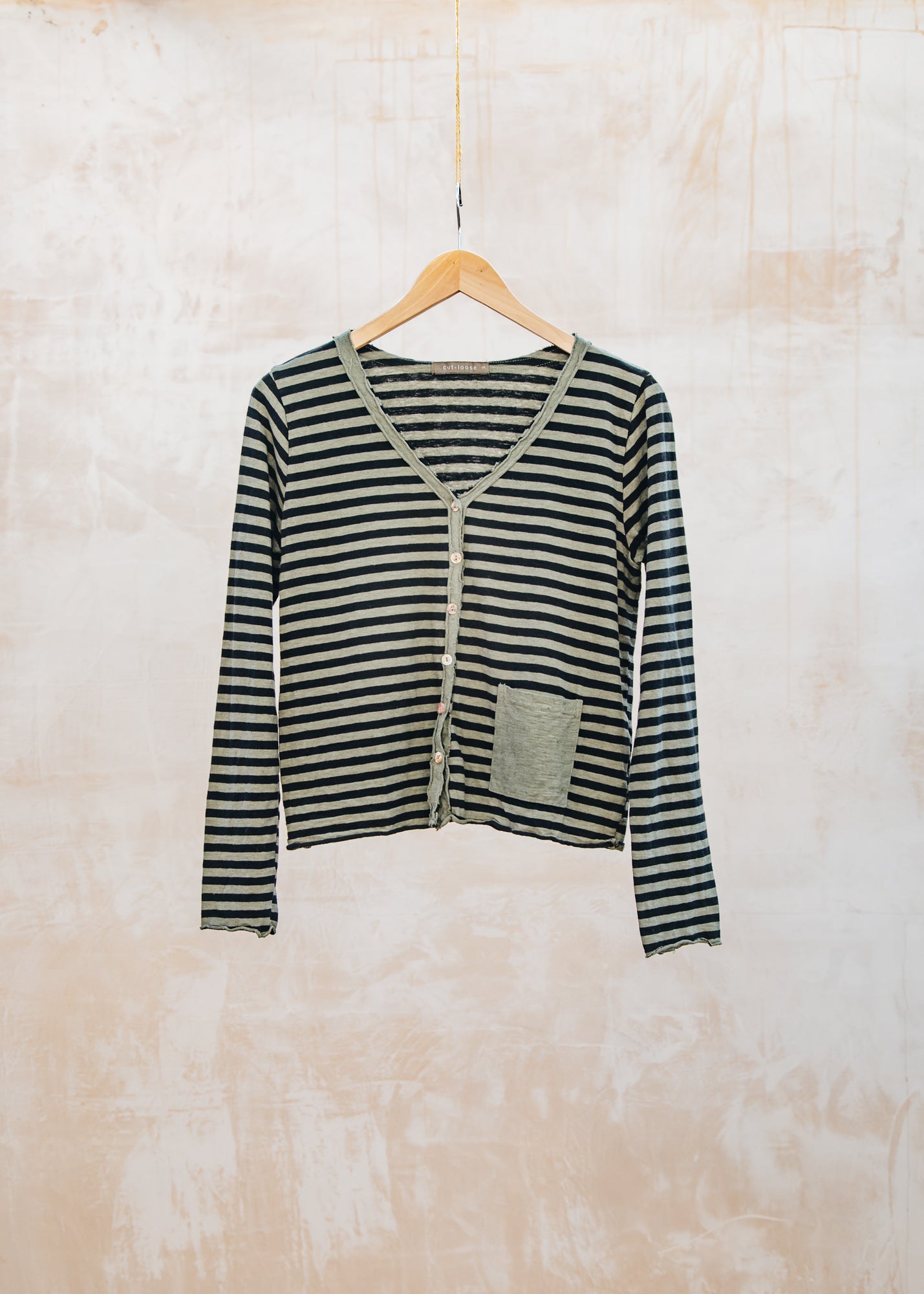 Cropped Pocket Cardigan in Black Stripe and Kelp
