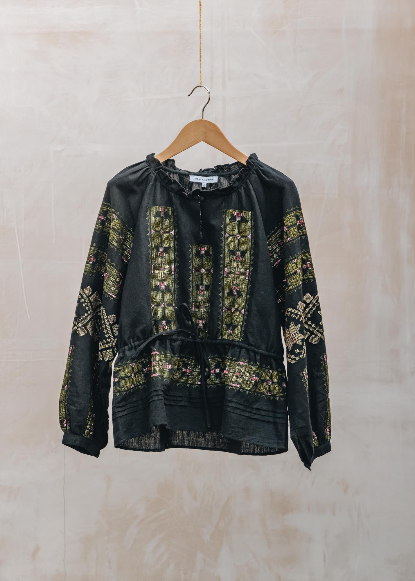 Rose & Rose Ekland Drawstring Top in Black and Olive