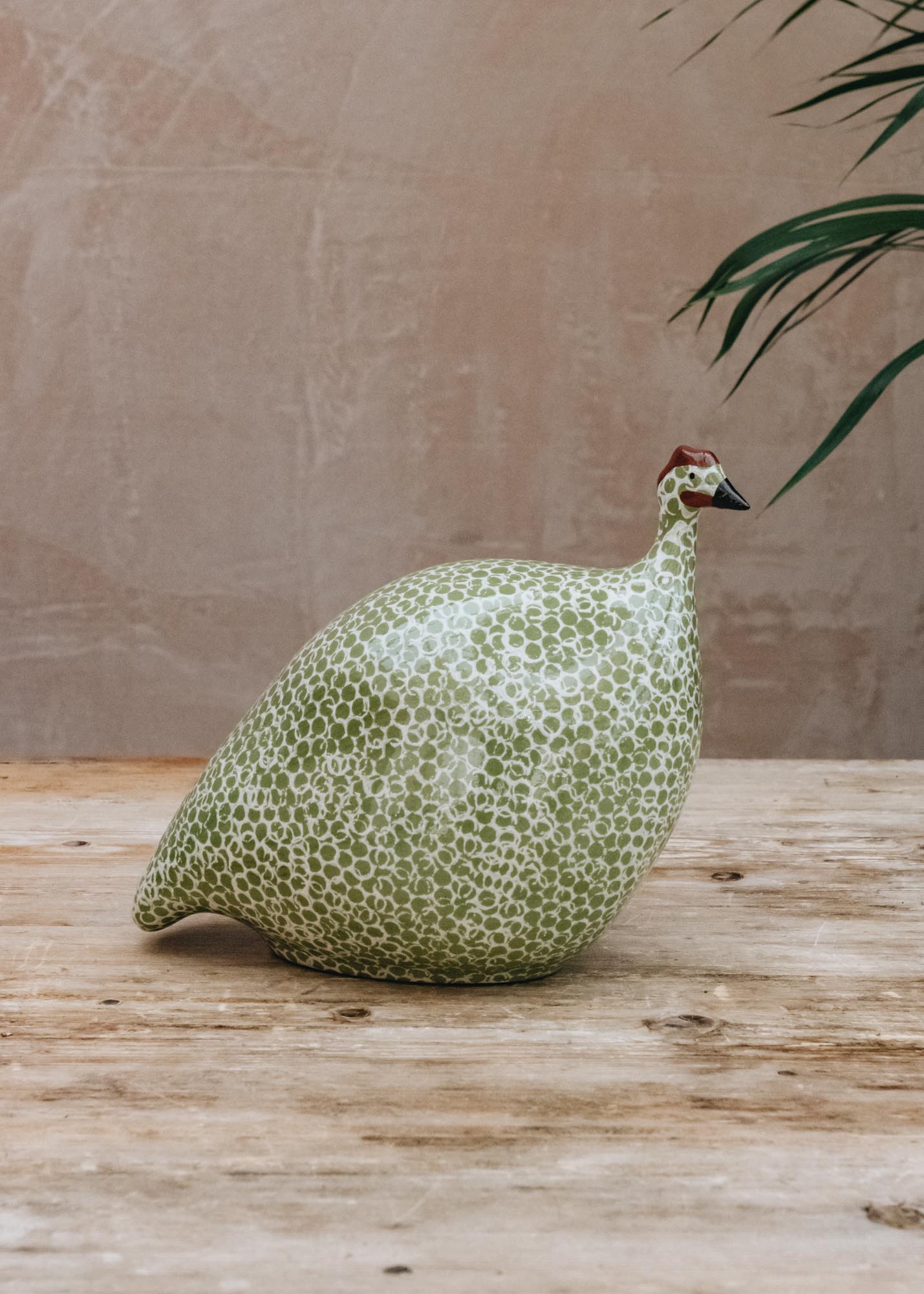 Large Ceramic Guinea Fowl in Green Splashes Spotted White