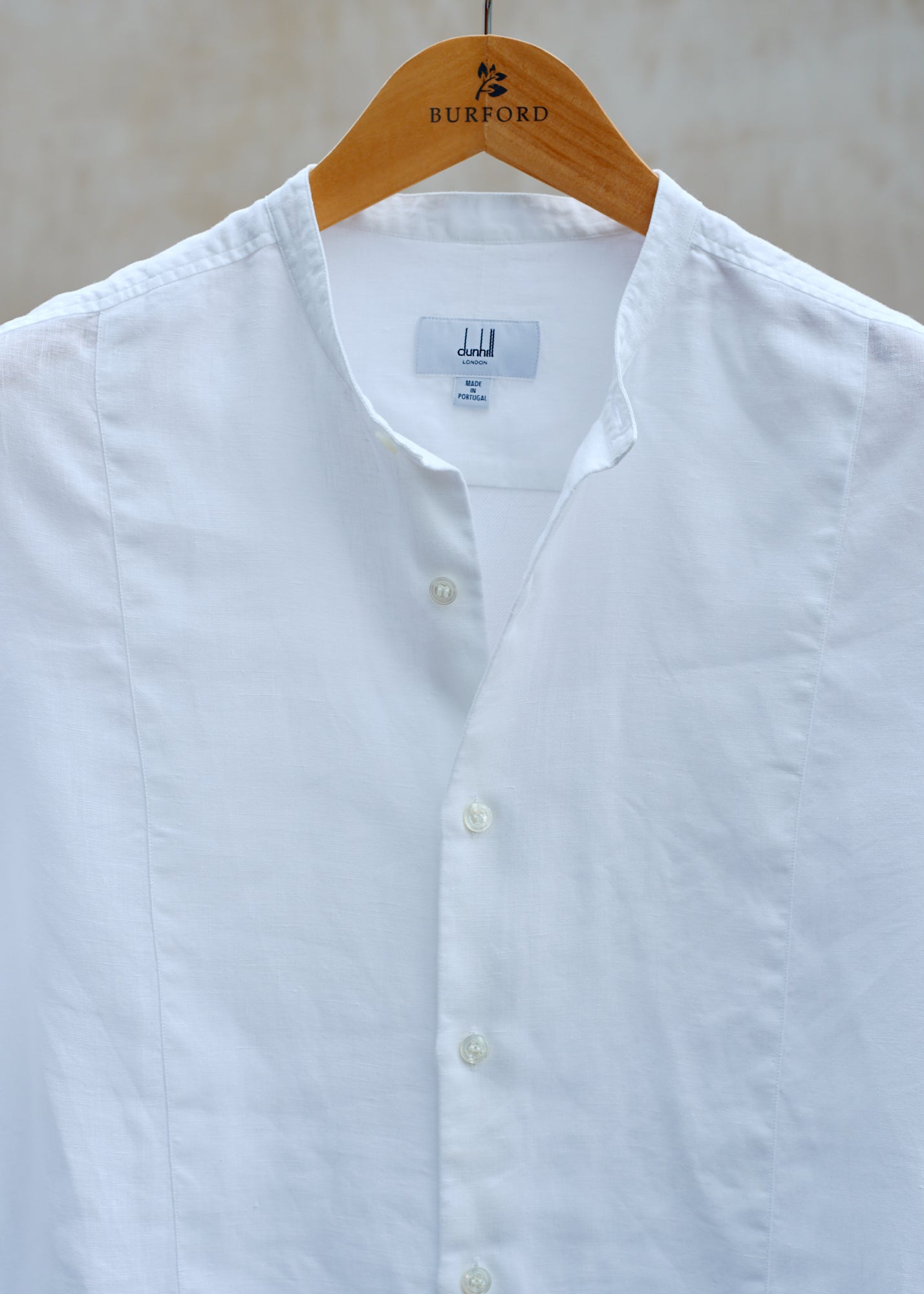 Dunhill White Linen Collarless Shirt W Pique Back - S/M