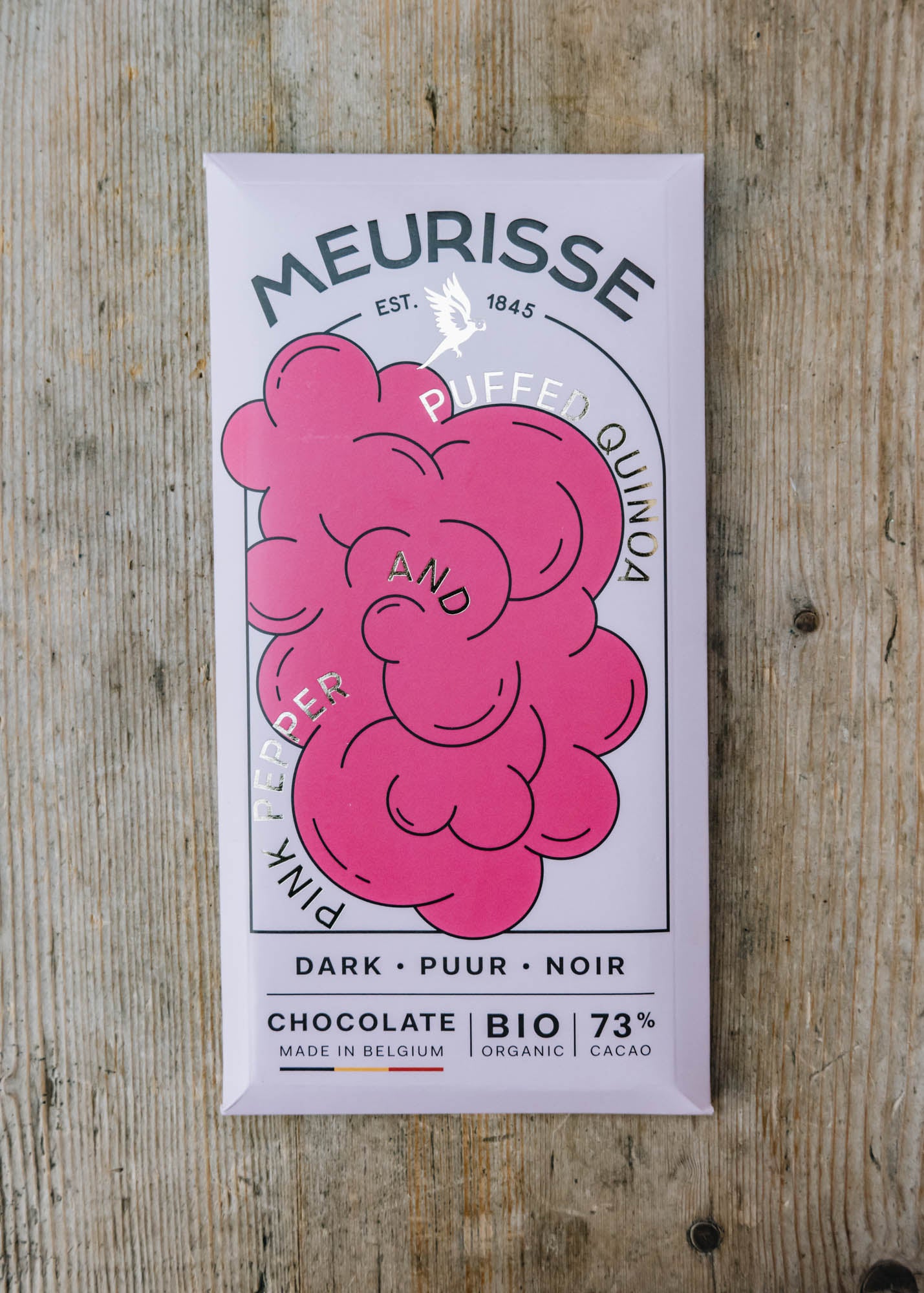 Meurisse Dark Chocolate Bar with Puffed Quinoa and Pink Pepper