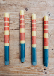 Dinner Candles in Striped Jasmine, Rust, and Petrol Blue, pack of four