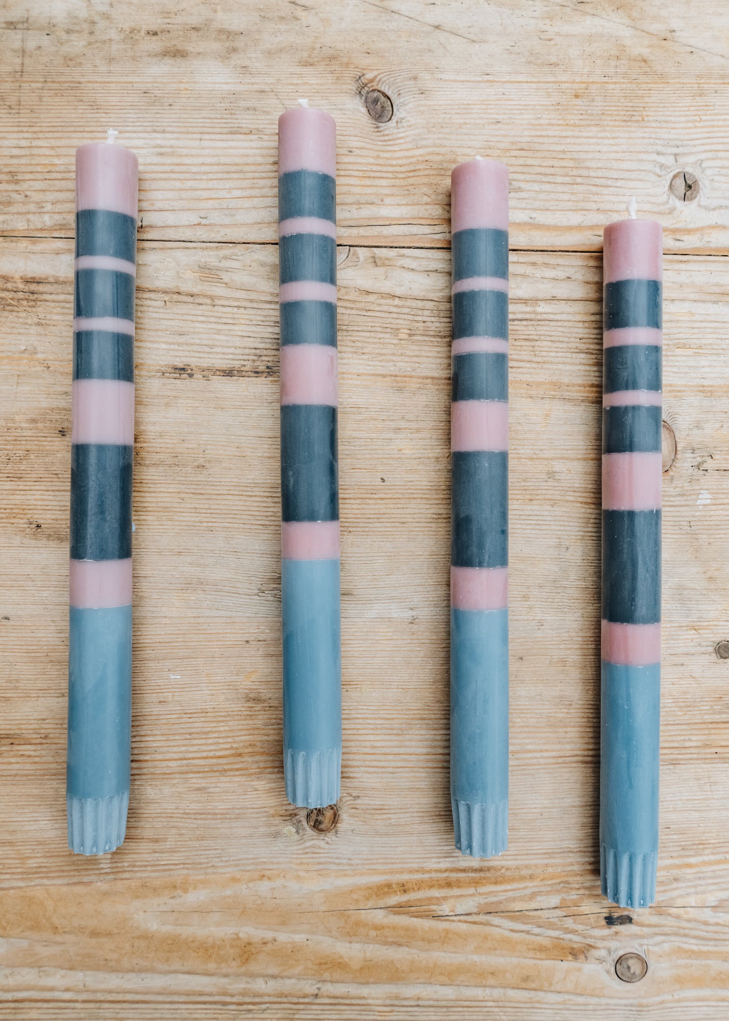 Dinner Candles in Striped Old Rose, Indigo and Pomadour, pack of four