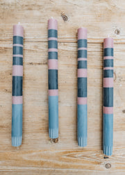 Dinner Candles in Striped Old Rose, Indigo and Pomadour, pack of four