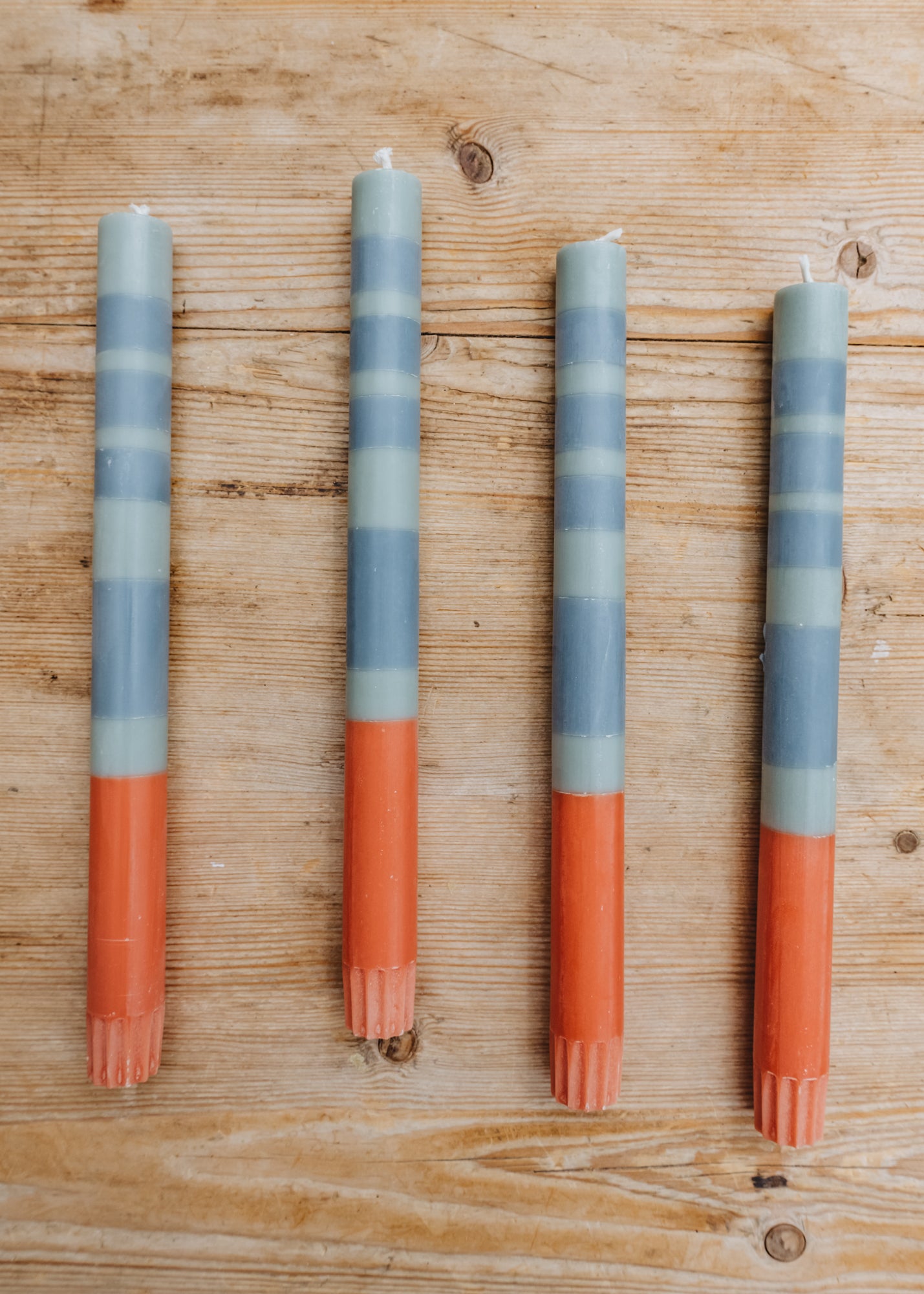 Dinner Candles in Striped Opaline, Pomadour, and Rust, pack of four