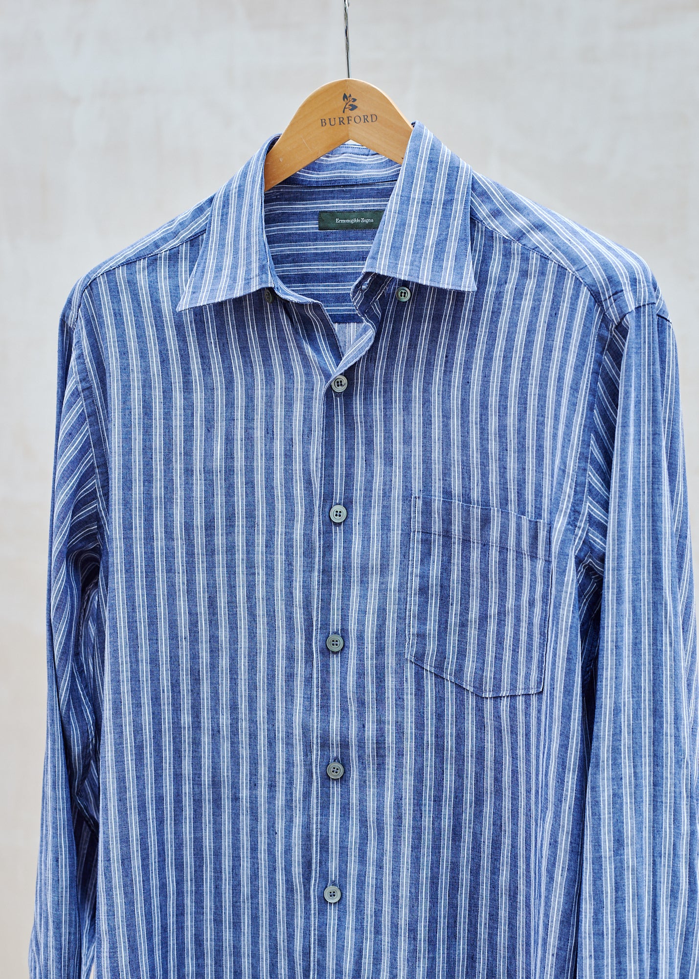 Ermenegildo Zegna Dark Blue Striped Linen & Cotton Shirt / L