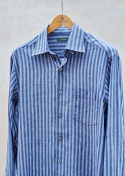 Ermenegildo Zegna Dark Blue Striped Linen & Cotton Shirt / L