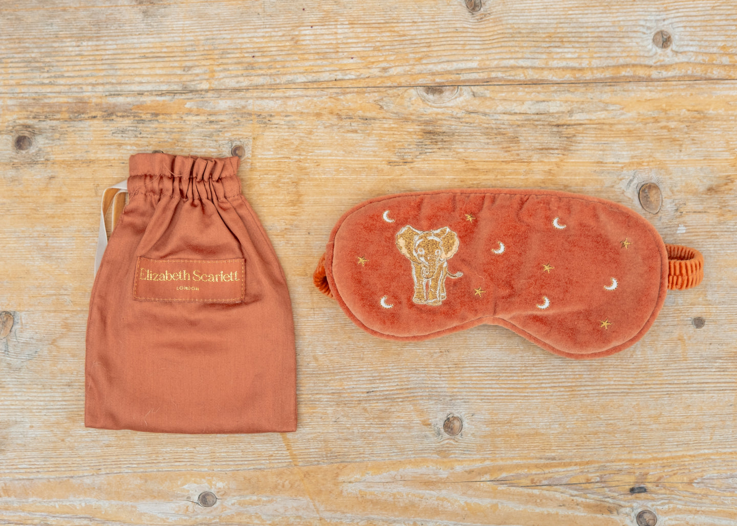 Golden Elephants Velvet Eye Mask in Rust
