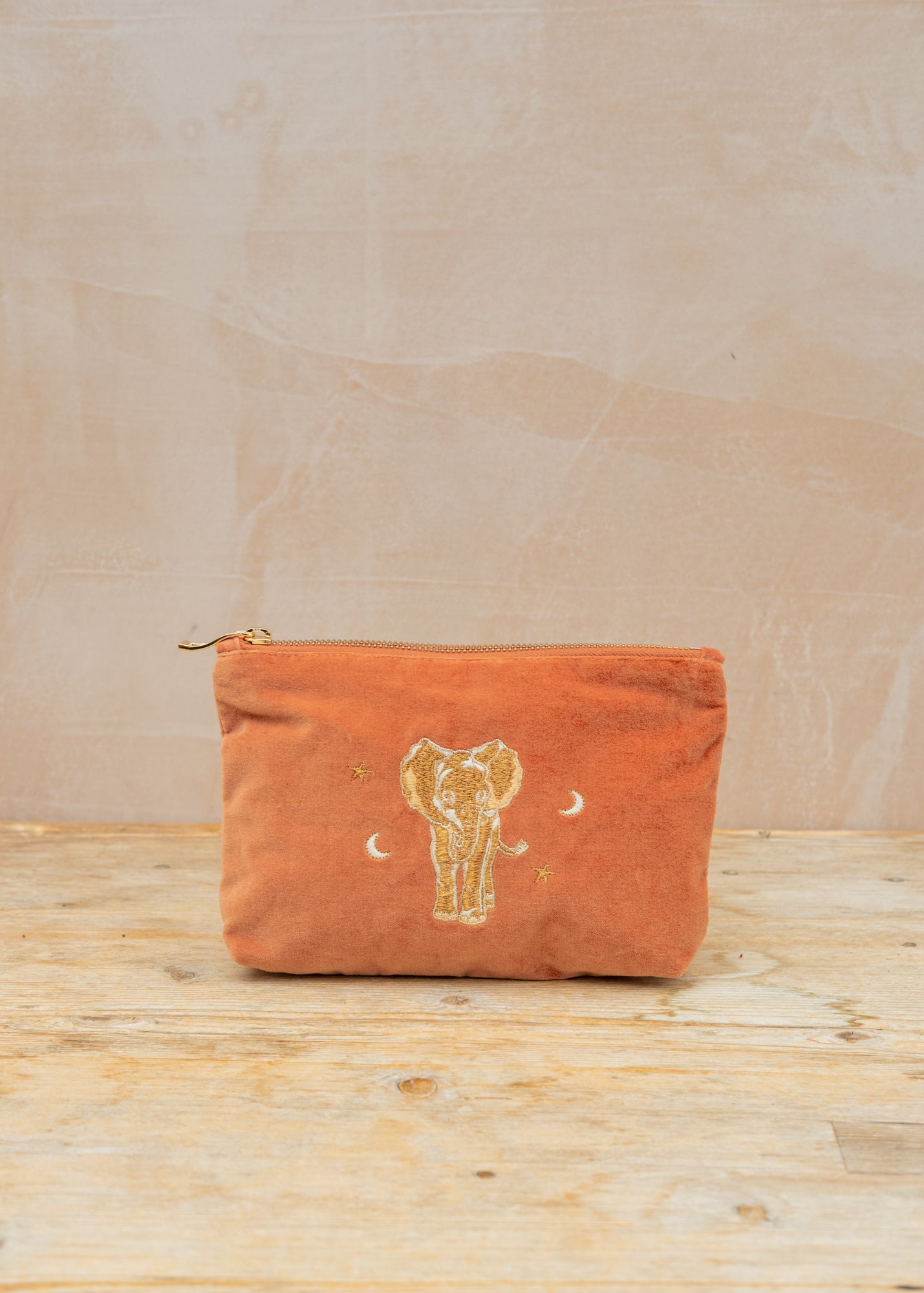 Golden Elephants Velvet Mini Pouch in Rust
