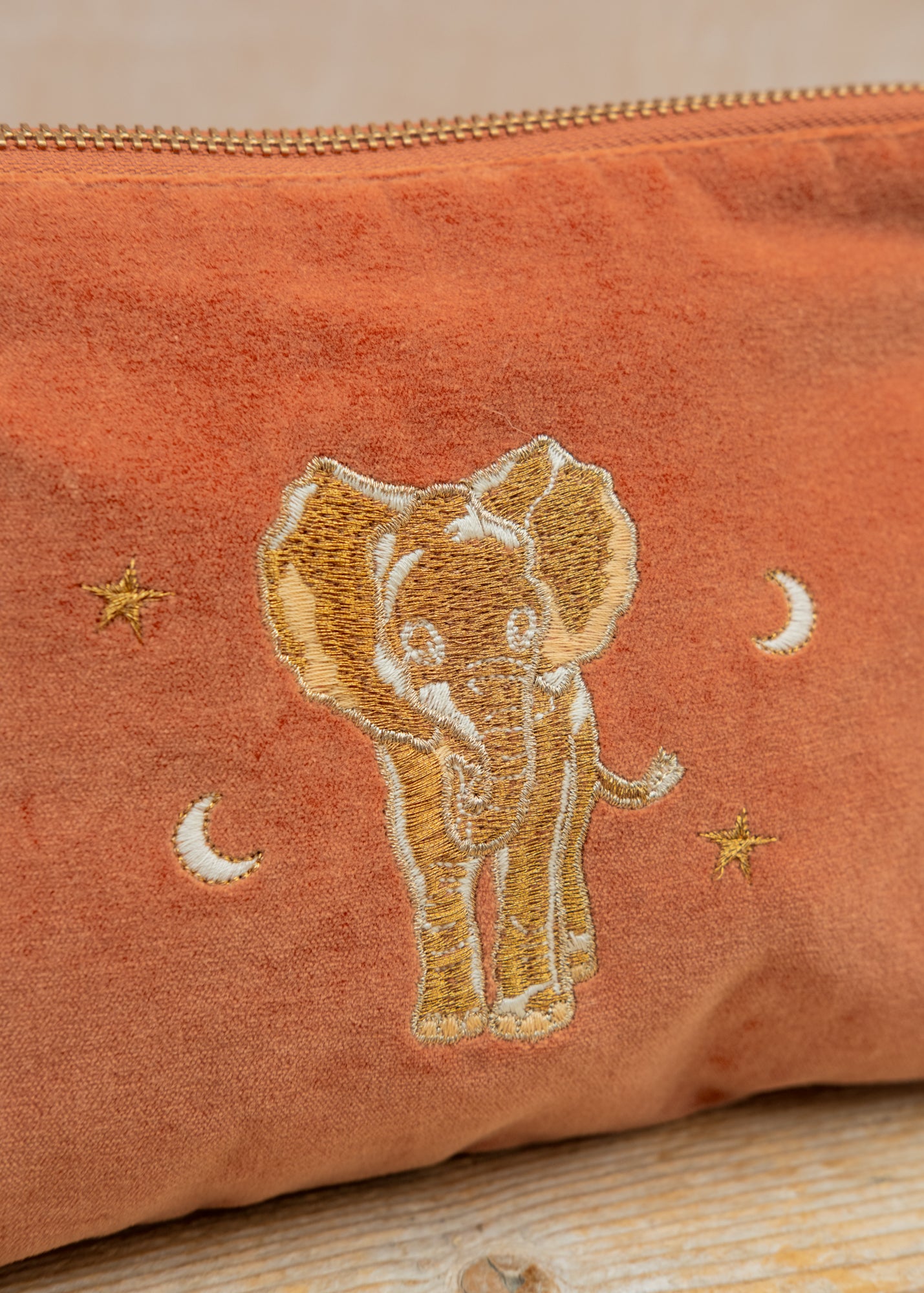 Elizabeth Scarlett Golden Elephants Velvet Mini Pouch in Rust