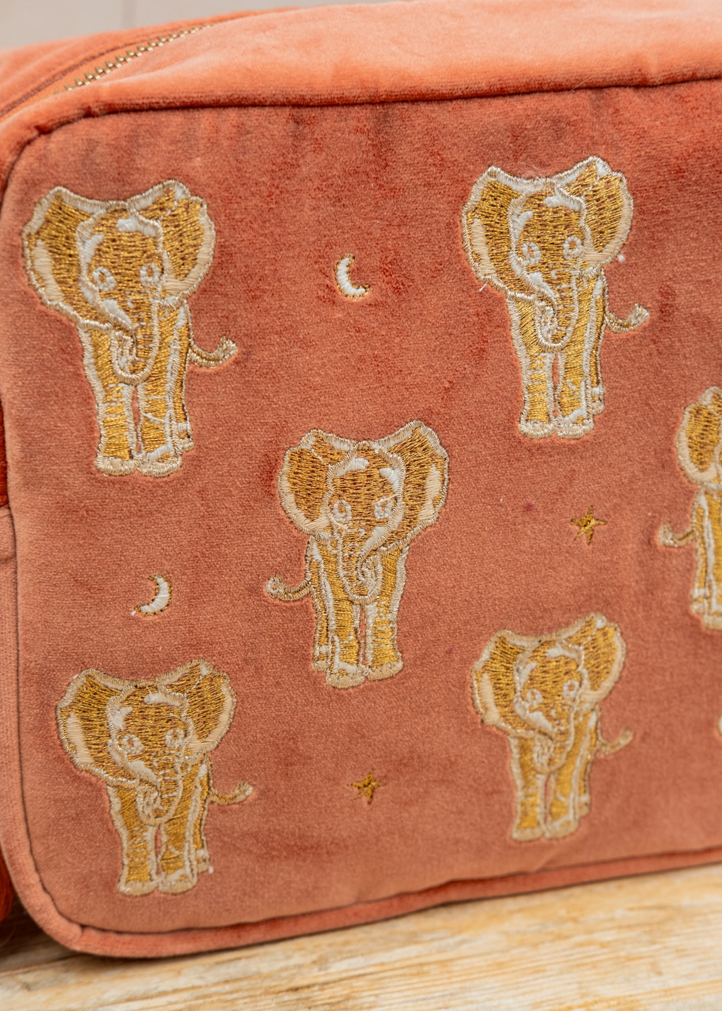 Elizabeth Scarlett Golden Elephants Velvet Wash Bag in Rust