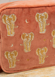 Elizabeth Scarlett Golden Elephants Velvet Wash Bag in Rust