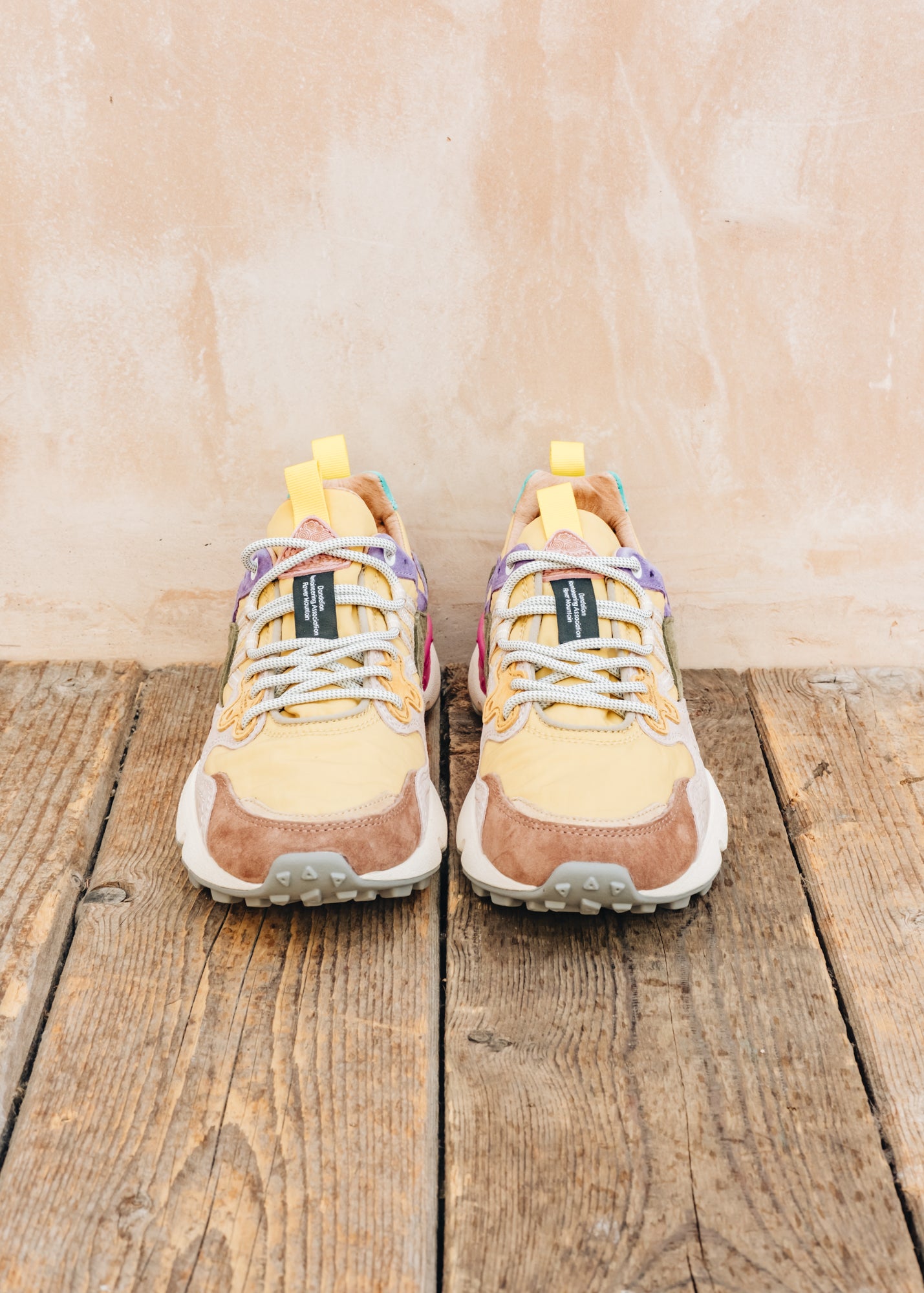 Flower Mountain Women's Yamano 3 Suede and Nylon Sneakers in Brown, Grey and Mustard