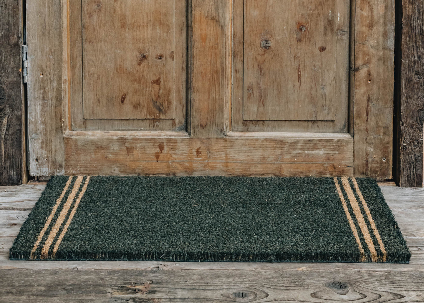 Small Triple Stripe Doormat in Forest Green and Coir