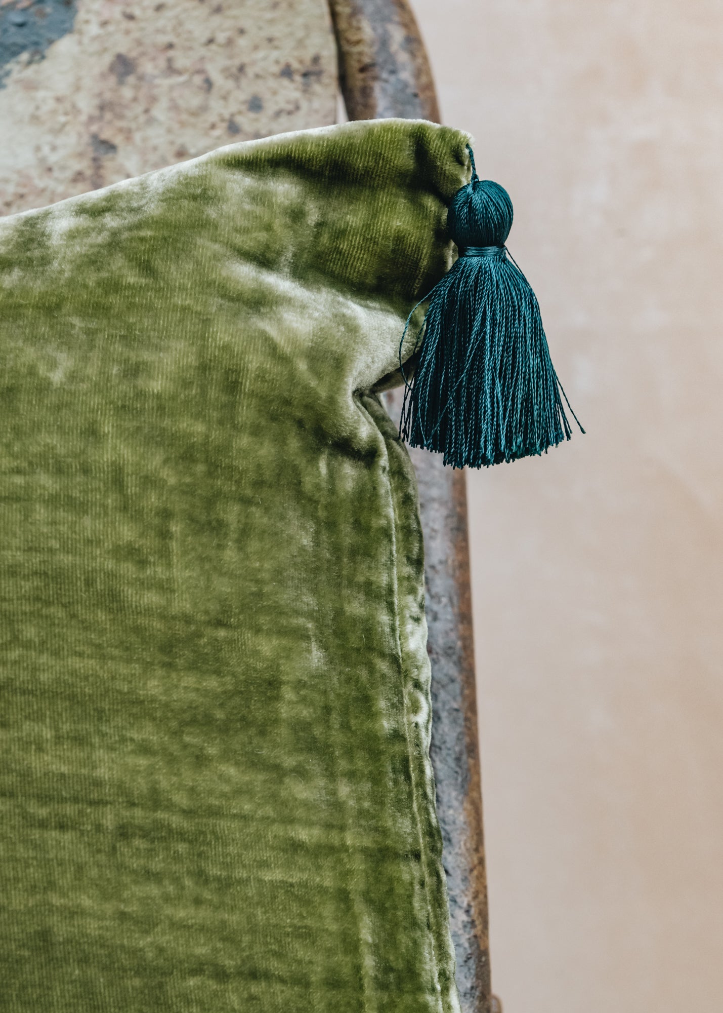 Goa Velvet Cushion with Pompons in Artichoke
