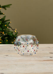 Gold Rim with Multicoloured Dots Glass Tealight Holder