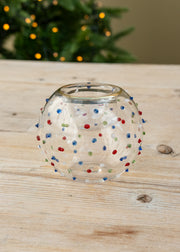 Unique Treasures Gold Rim with Multicoloured Dots Glass Tealight Holder