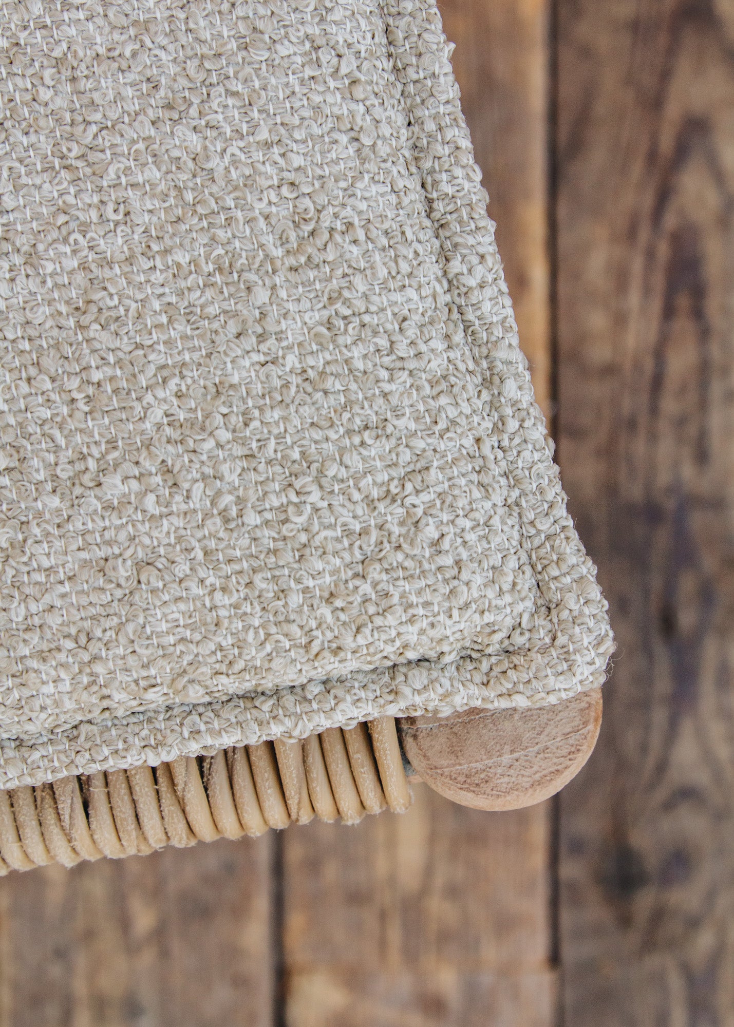 Gommaire Mieke Teak Bar Chair in Natural Grey and Sand Wicker with Bouclé Cushion