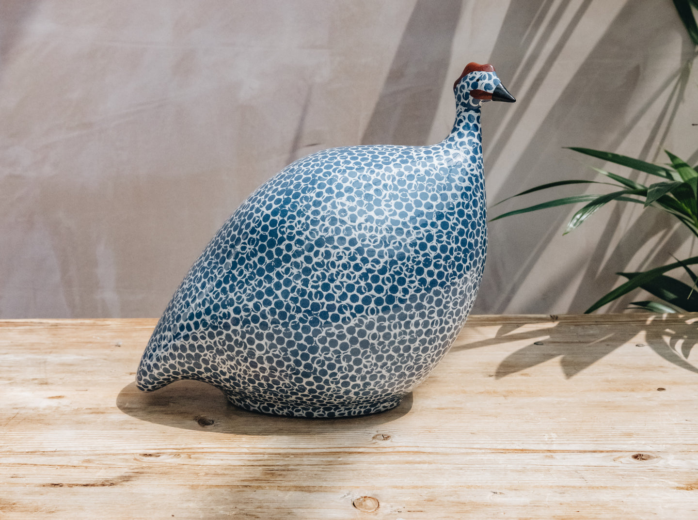 Large Ceramic Guinea Fowl in Electric Blue Spotted White