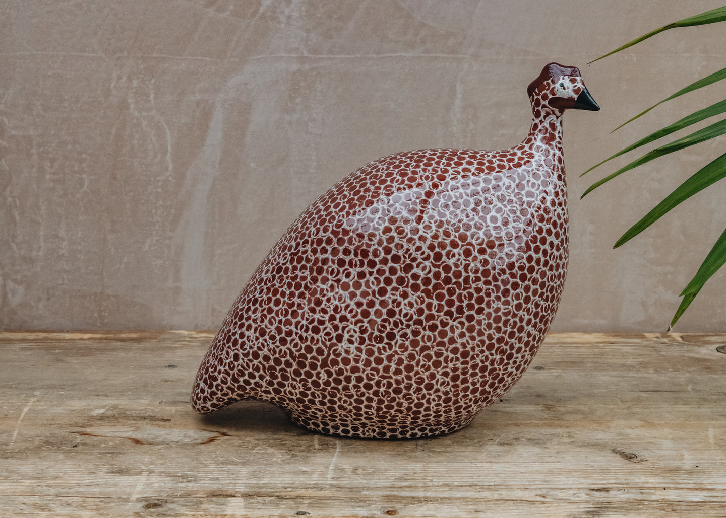 Large Ceramic Guinea Fowl in Bordeaux Spotted White