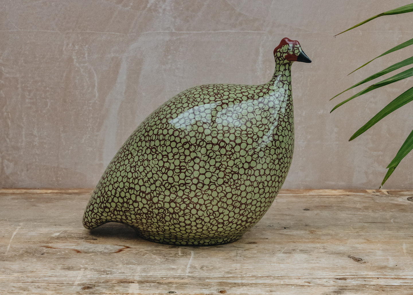 Large Ceramic Guinea Fowl in Green Spotted Bordeaux