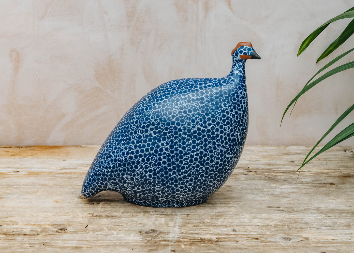 Large Ceramic Guinea Fowl in Matte Blue Spotted White