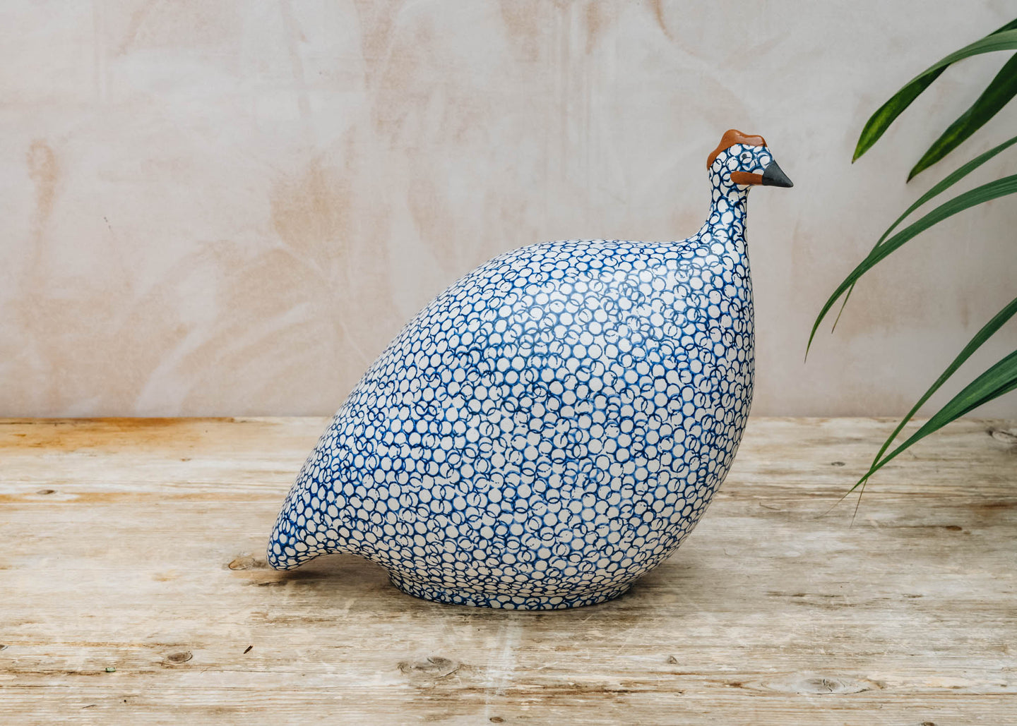 Large Ceramic Guinea Fowl in Matte White Spotted Cobalt