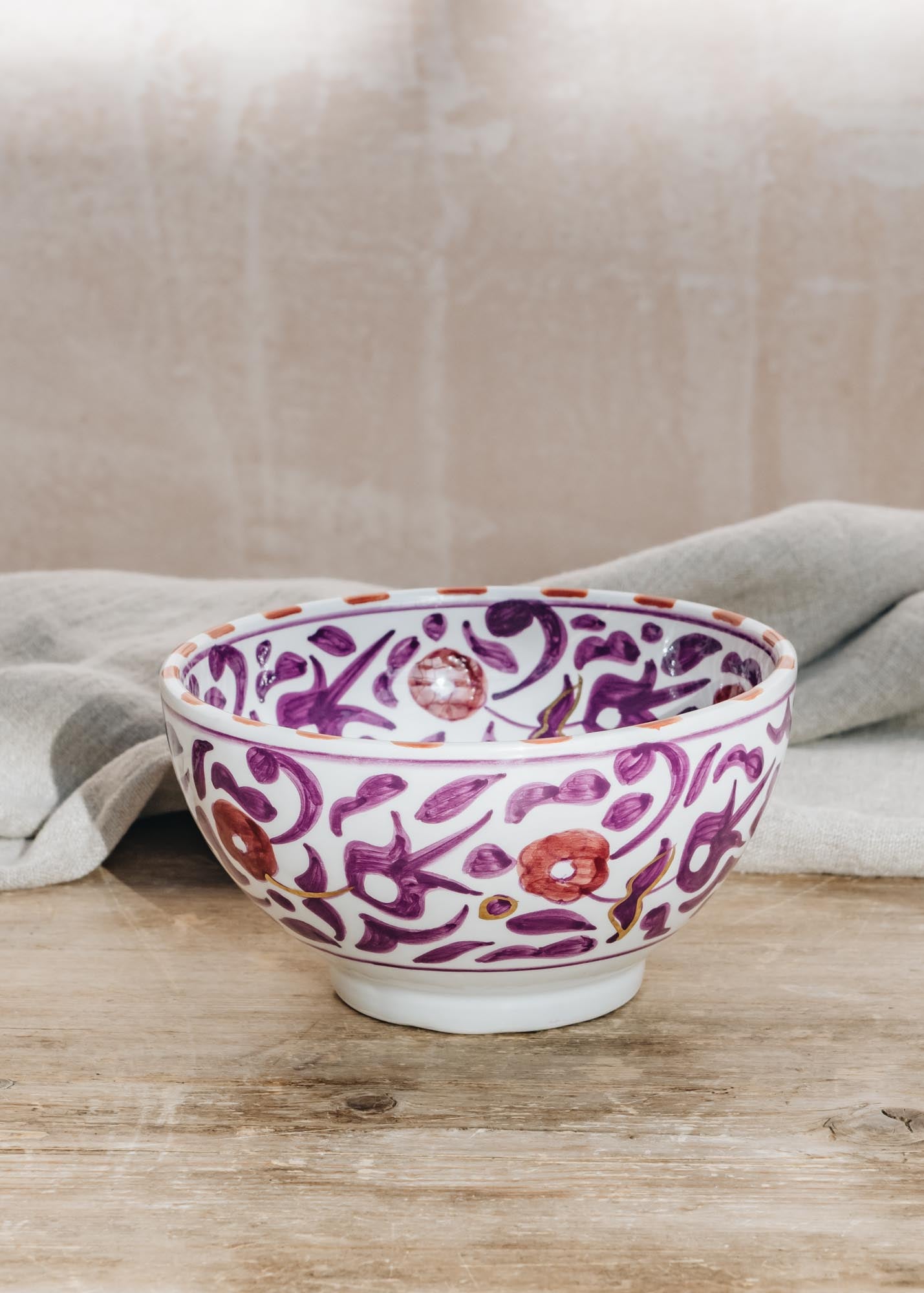 Large Flower Lilac and Aubergine Ceramic Round Bowl MM