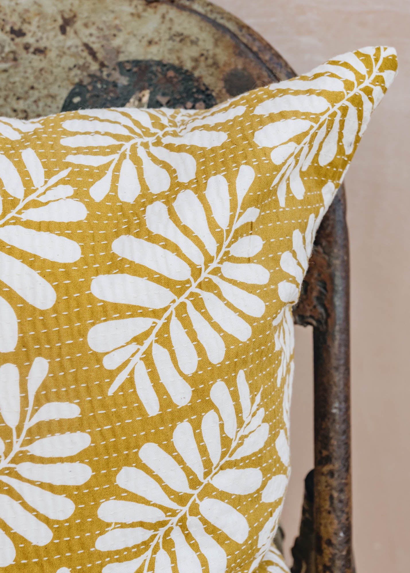 AfroArt A World Of Craft Leaf Cushion in Mustard and White
