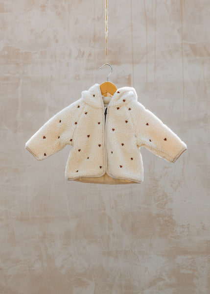 Babies Loose Sherpa Jacket in Sandshell with Embroidered Hearts Burford Garden Co