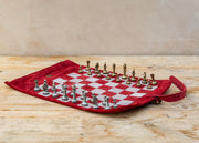 Burford Gallery Handcrafted Burgundy Red Suede Roll Up Chess Set