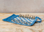 Burford Gallery Handcrafted Denim Blue Suede Roll Up Chess Set