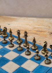 Manopoulus Handcrafted Denim Blue Suede Roll Up Chess Set