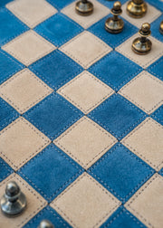 Manopoulus Handcrafted Denim Blue Suede Roll Up Chess Set