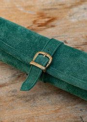 Manopoulus Handcrafted Forest Green Suede Roll-Up Backgammon Set
