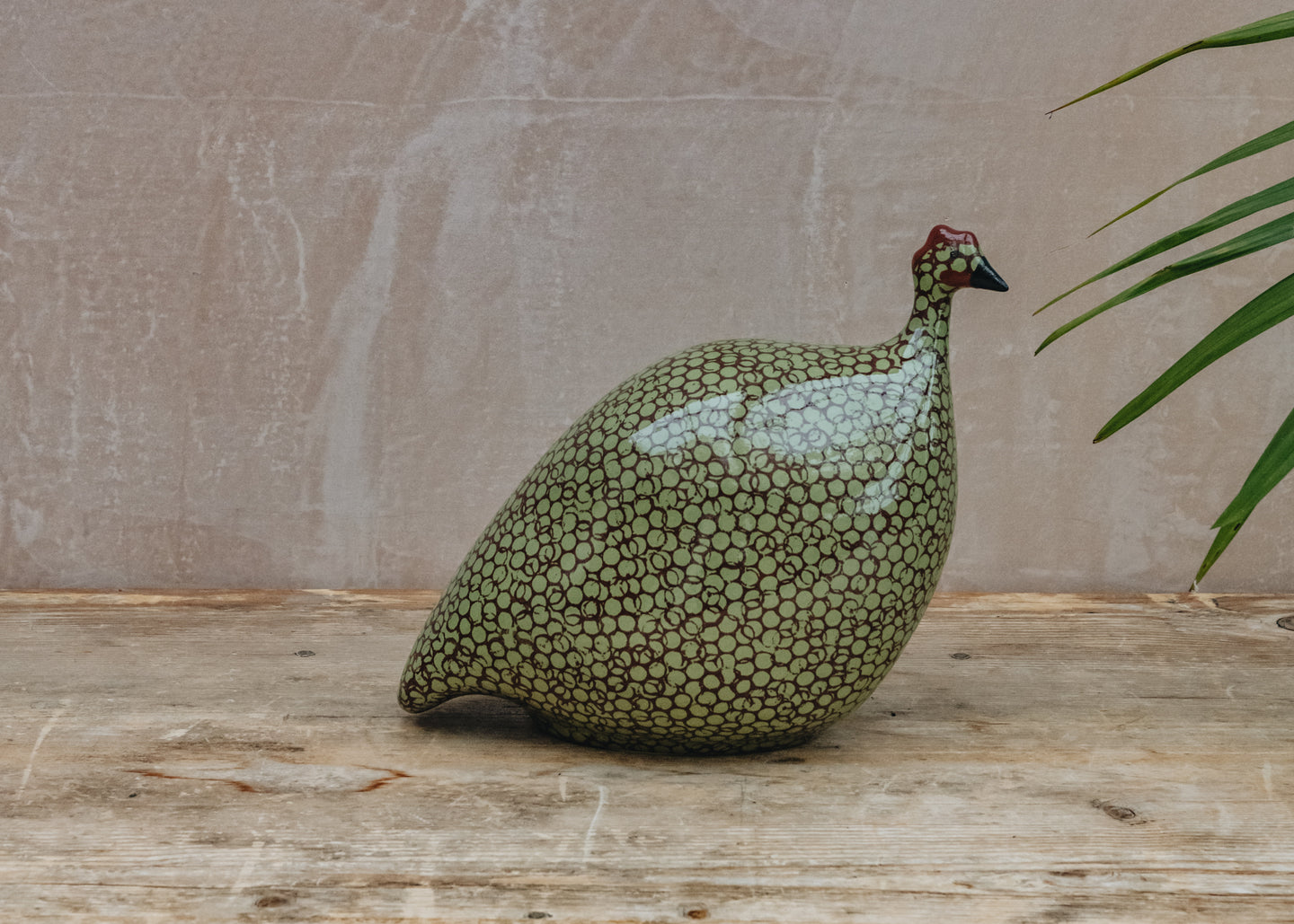 Medium Ceramic Guinea Fowl in Green Spotted Bordeaux