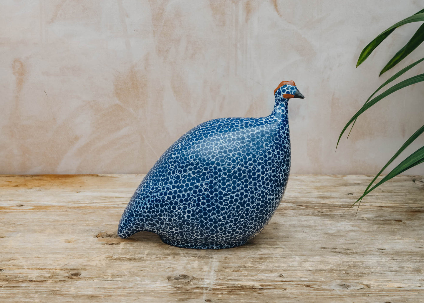Medium Ceramic Guinea Fowl in Matte Blue Spotted White