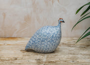 Medium Ceramic Guinea Fowl in Matte White Spotted Cobalt