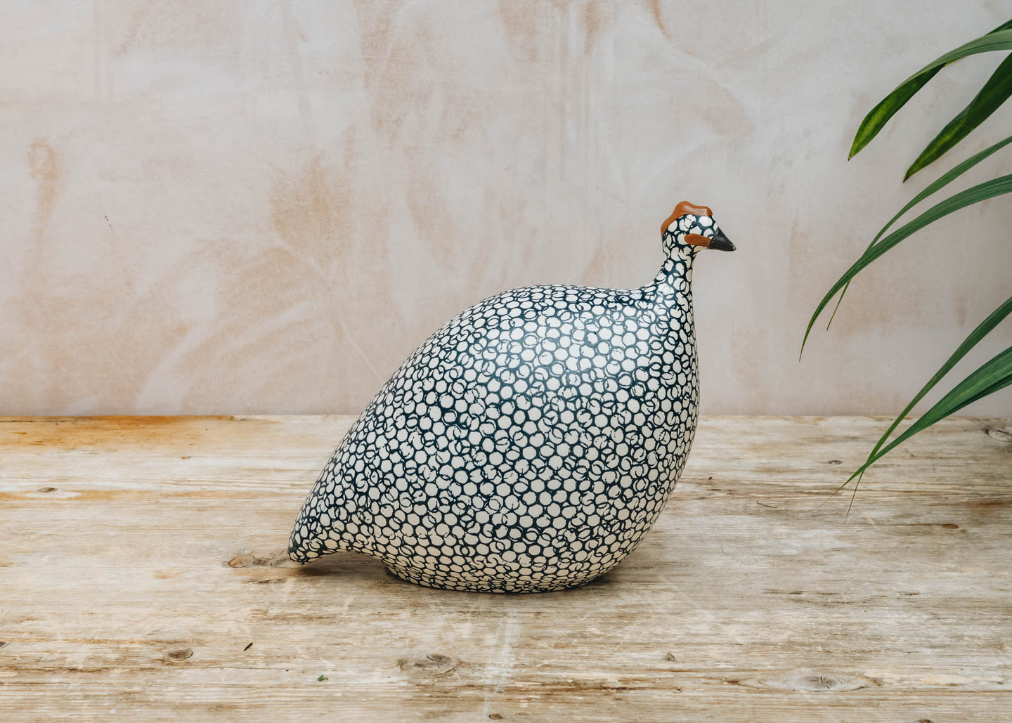 Medium Ceramic Guinea Fowl in Matte White Spotted Green Duck