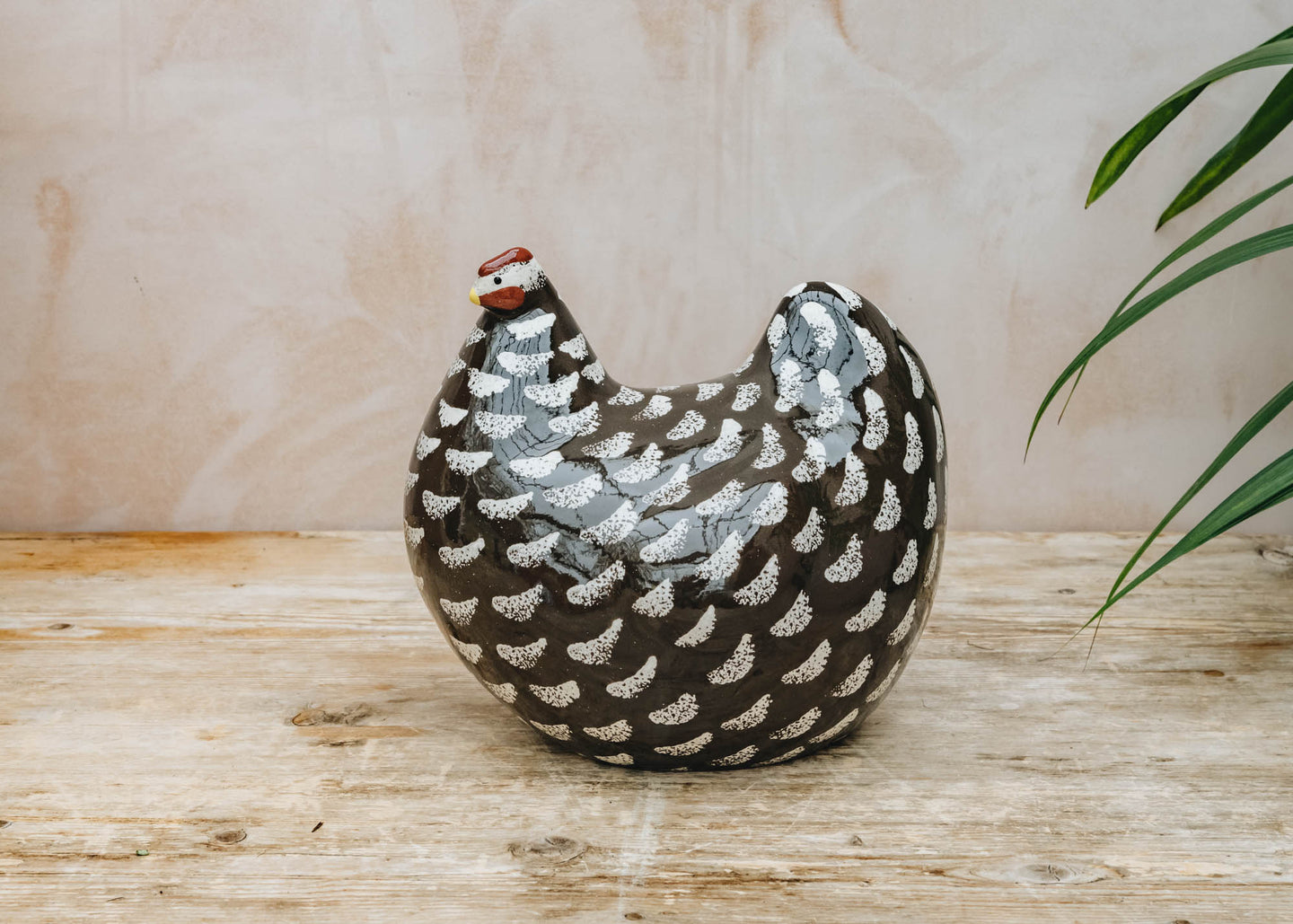 Medium Ceramic Hen in Black Brown Spotted White