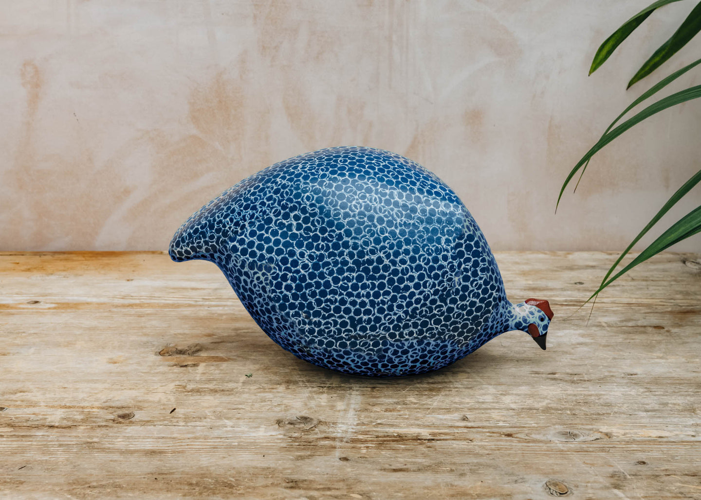 Pecking Ceramic Guinea Fowl in Matte Blue Spotted White