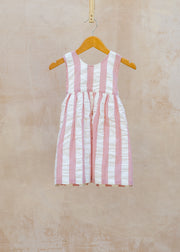 Children's Cross-Back Dress in Pink Seersucker Wide Stripe