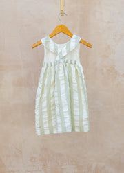 Pigeon Organics Children's Cross-Back Dress in Sea Foam Seersucker Wide Stripe