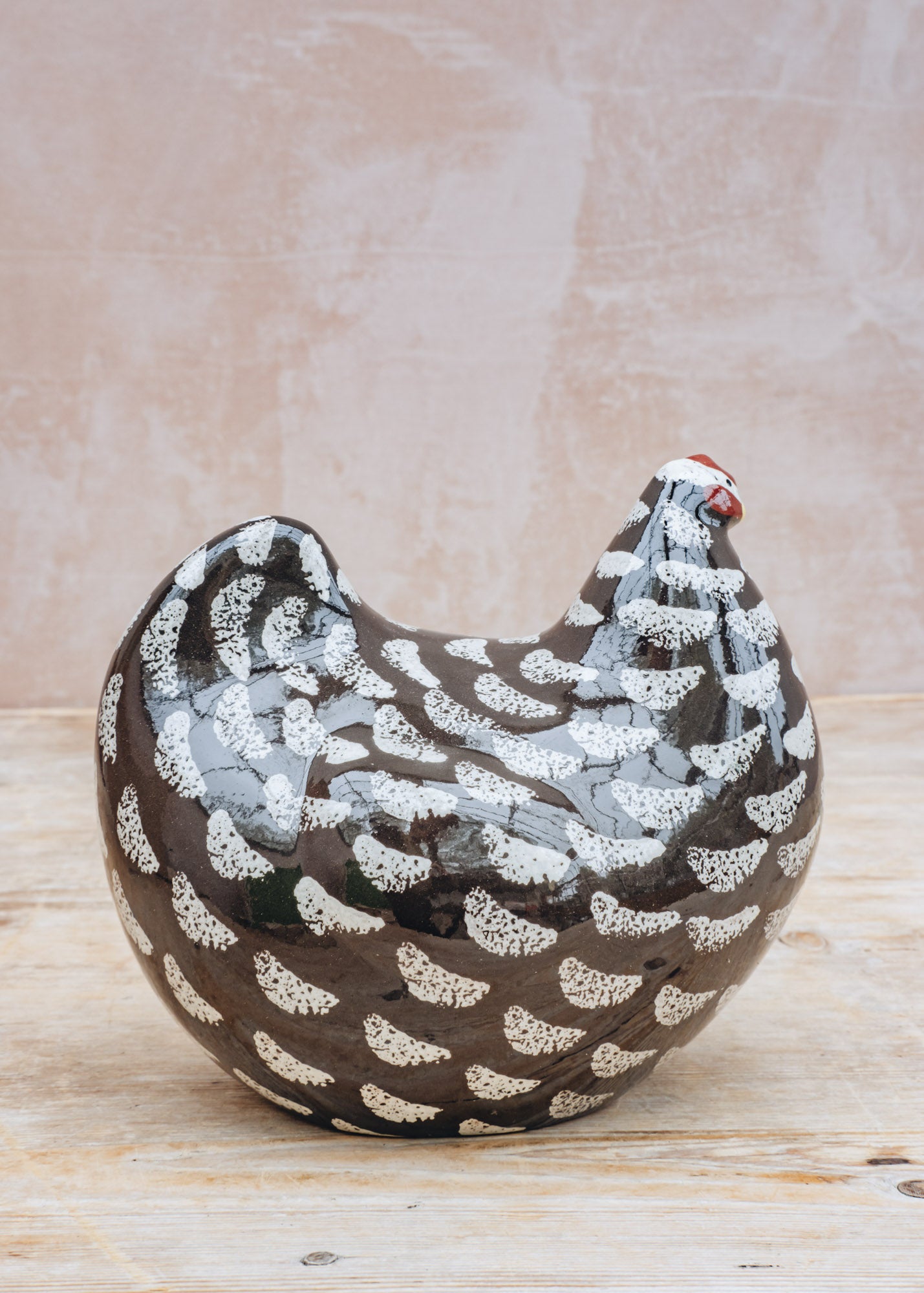 Small Ceramic Hen in Black Brown Spotted White