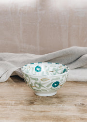 Small Flower Almond Green and Dark Green Ceramic Round Bowl PM