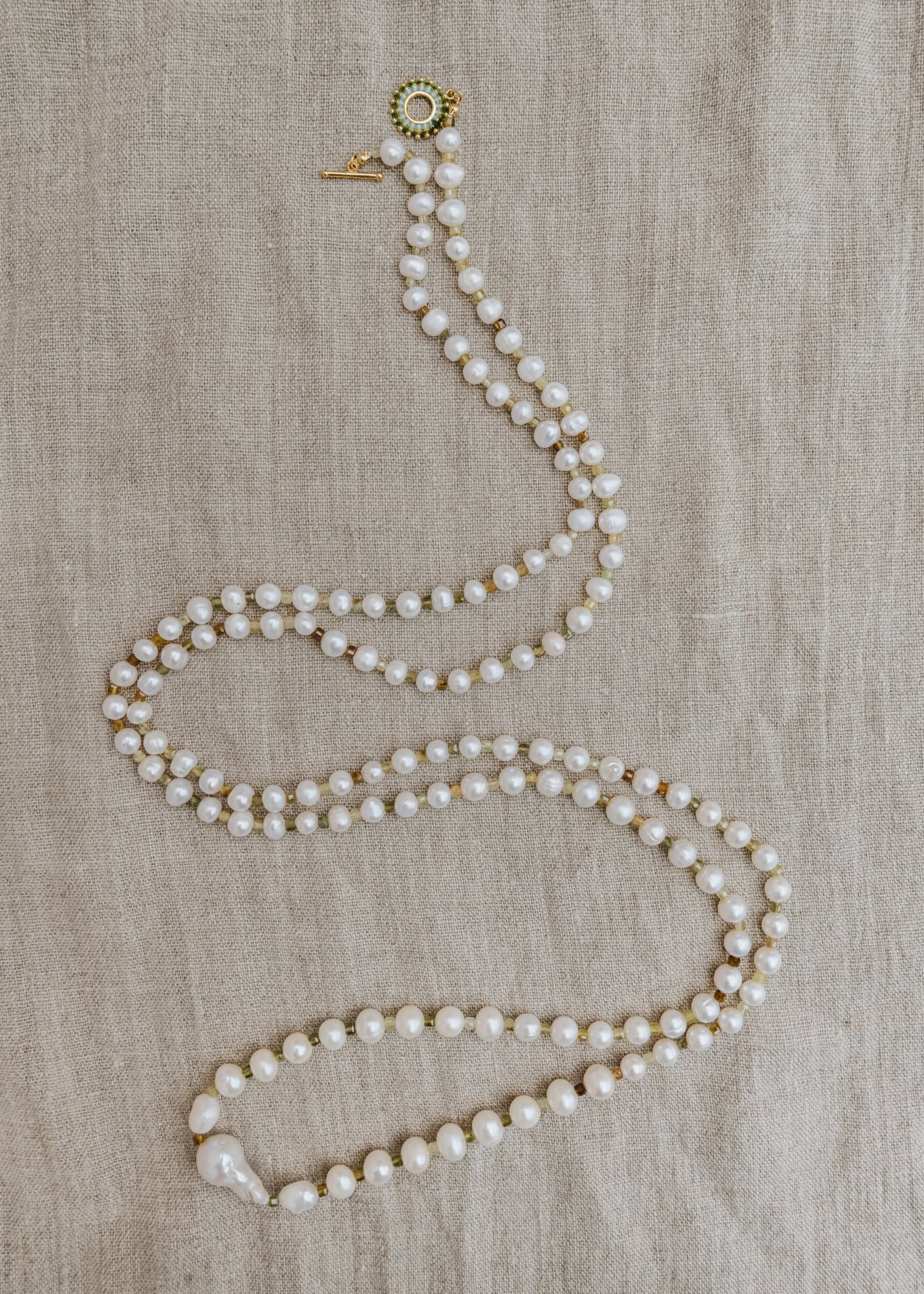 Small Sunburst Pearl and Peridot All Around Necklace