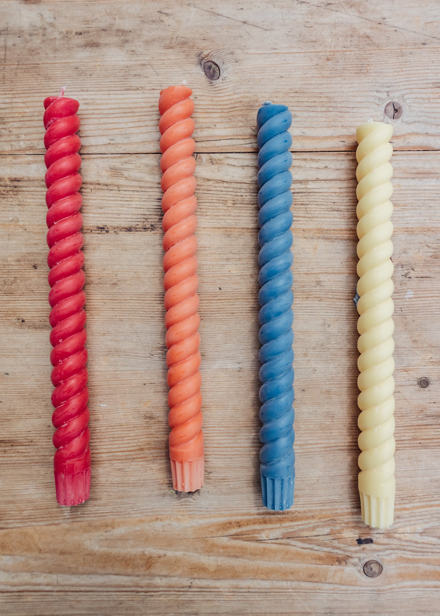 Spiral Dinner Candles in Mixed Warm Colours, pack of four